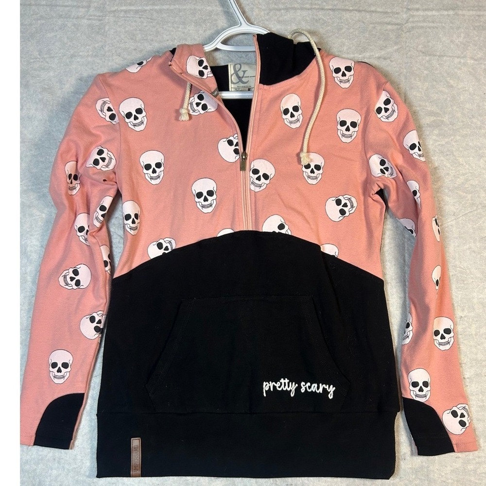 Ampersand Avenue Skull Print Pink Black‎ Hoodie Womens M